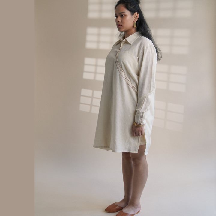 Angrakha Shirt Dress | Made of Ivory | Simply Stylish | Kantha Work