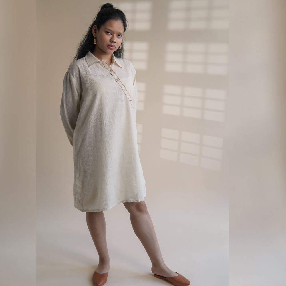 Angrakha Shirt Dress | Made of Ivory | Simply Stylish | Kantha Work