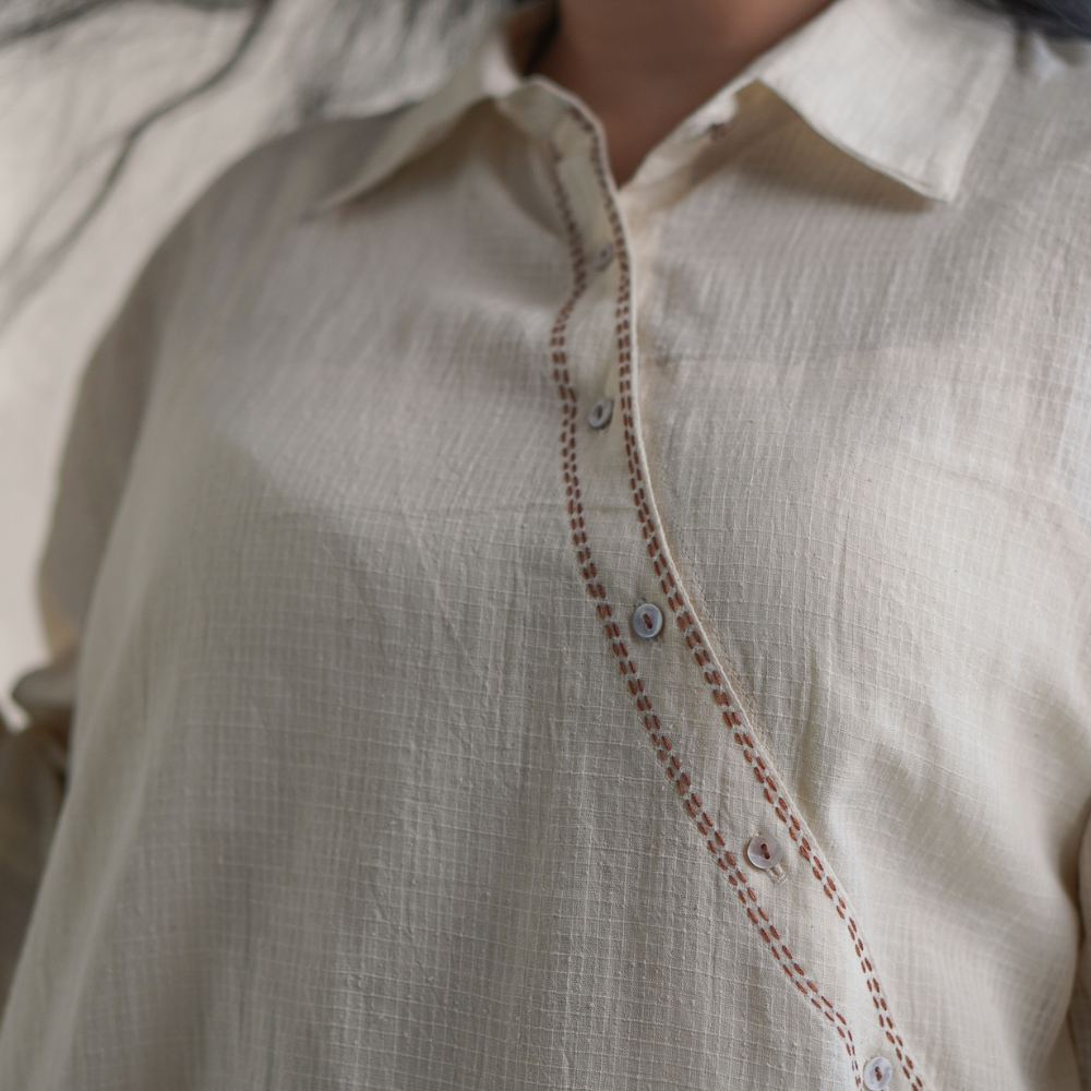 Angrakha Shirt Dress | Made of Ivory | Simply Stylish | Kantha Work