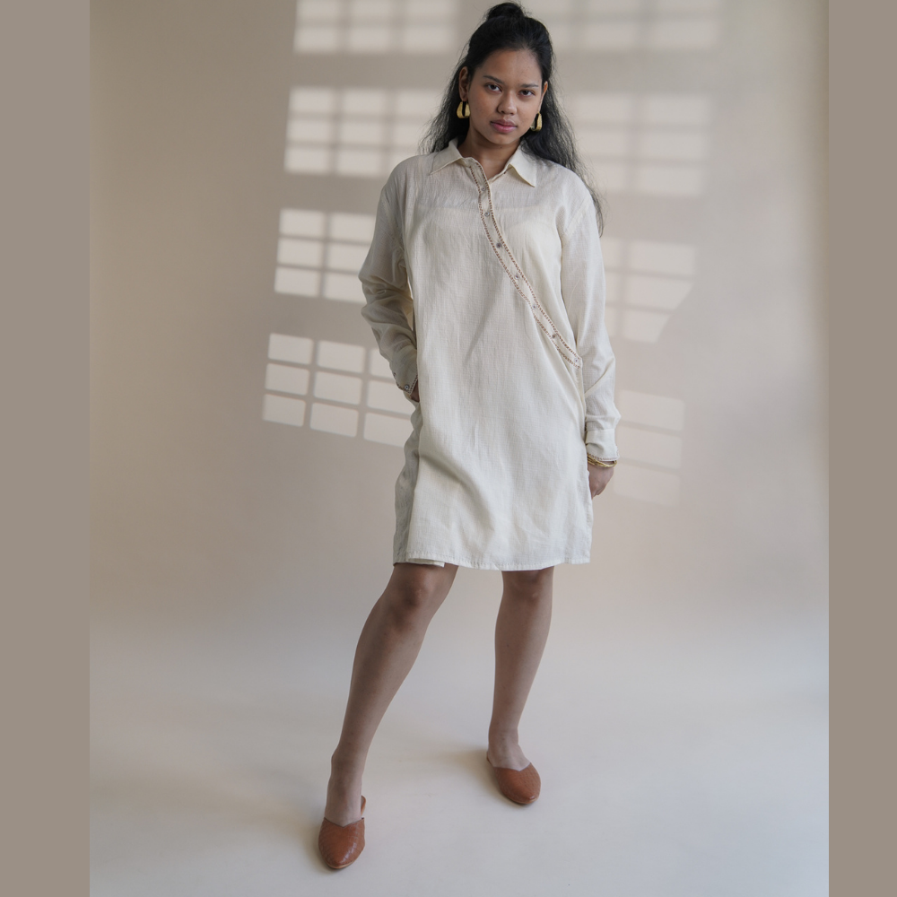 Angrakha Shirt Dress | Made of Ivory | Simply Stylish | Kantha Work