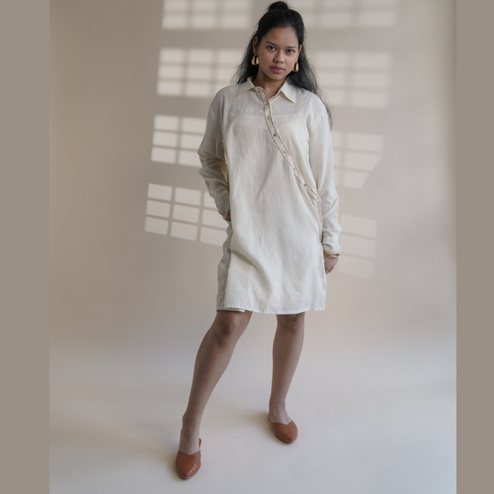 Angrakha Shirt Dress | Made of Ivory | Simply Stylish | Kantha Work