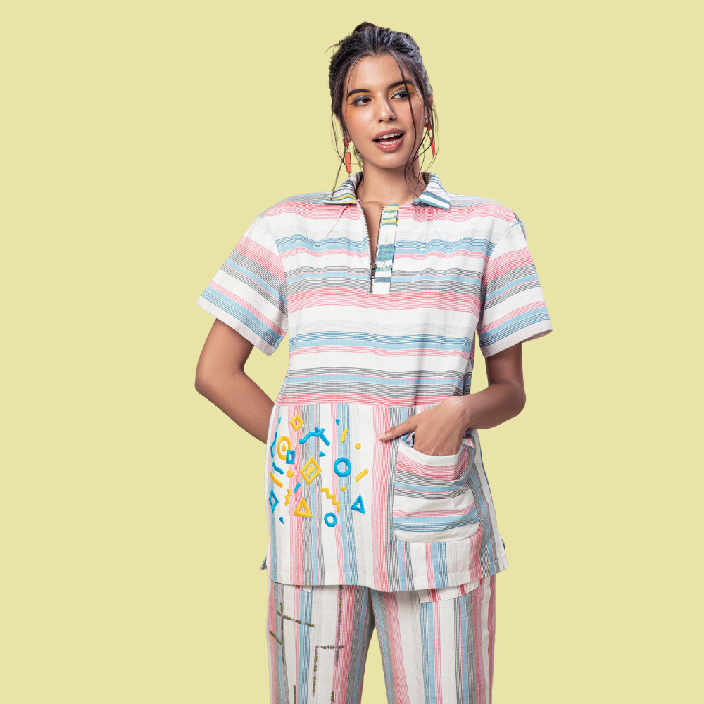 Broad Stripes Oversized Top for Women | Embroidered | Relaxed Fit