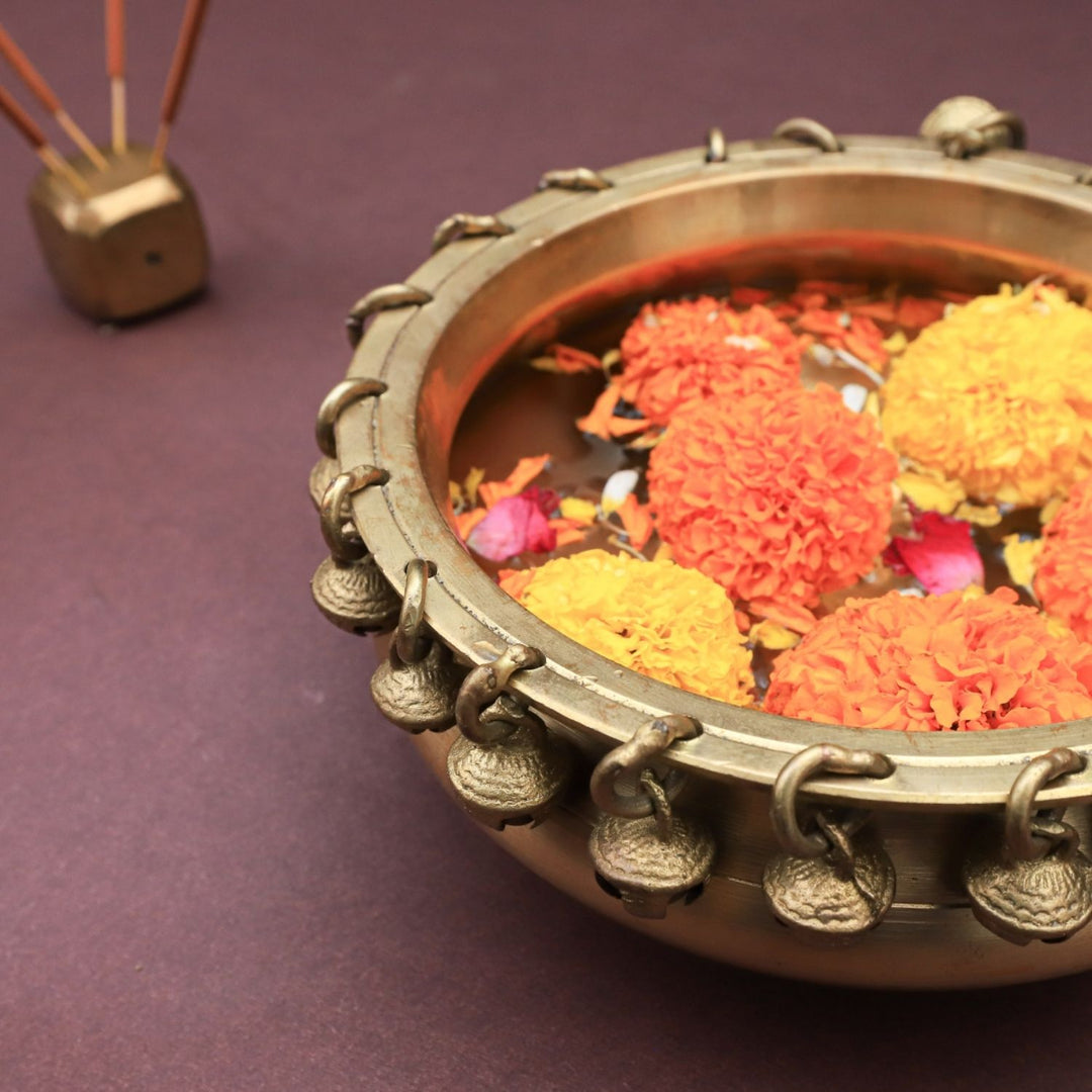 Brass Urli With Bells | Ethnic Pooja Decorations | 6 Inches