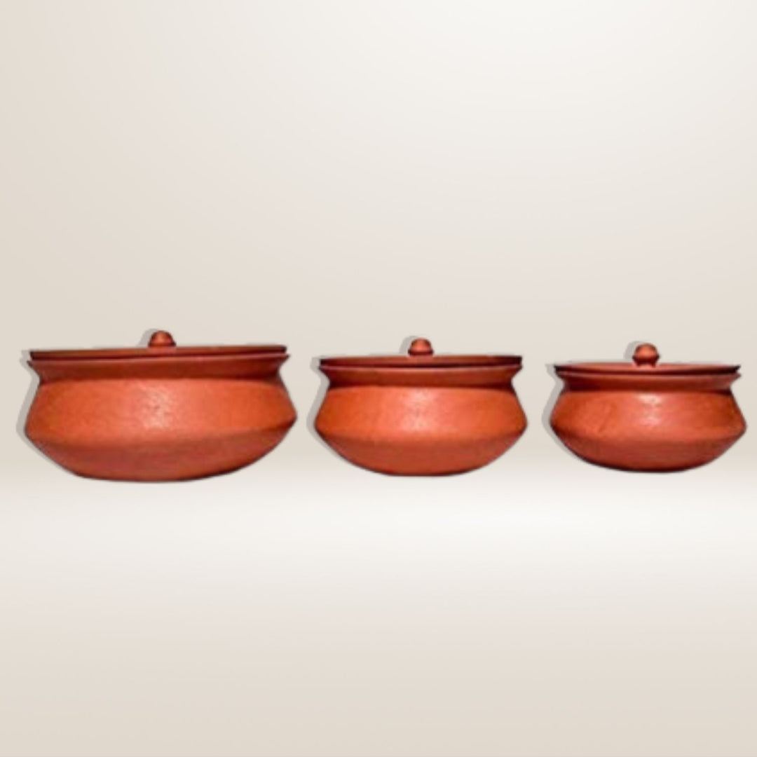Clay Degchi With Lid | Genuine Cookware | 3 Piece Set | For Delicious Meals