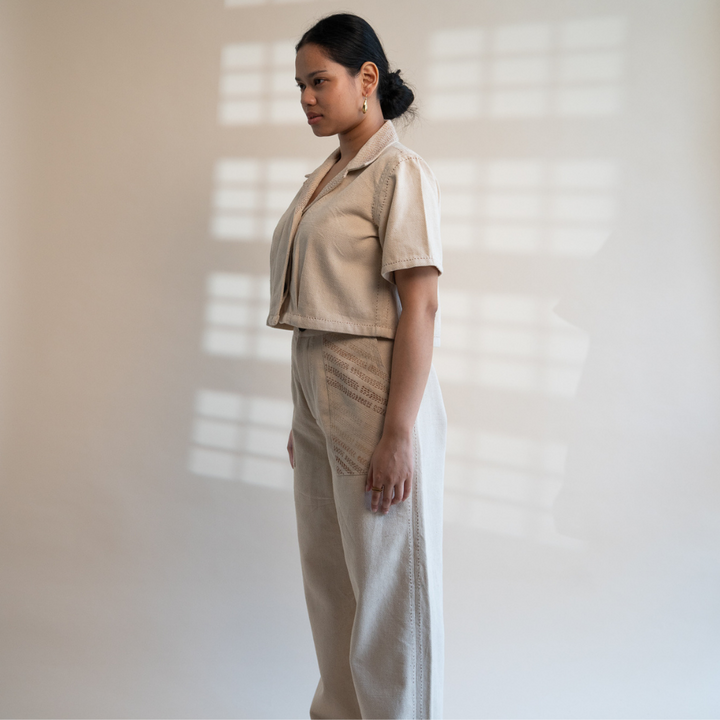 Crop Jacket in Ivory For Her | Embellished in Kantha Tradition | Smartly Casual