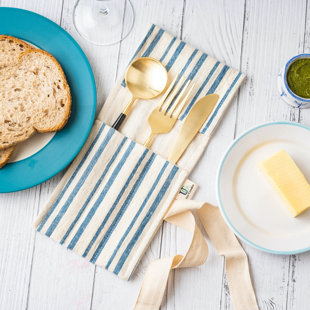 Cutlery/Stationery Wrap | Multi Pockets | Off-White With Blue Stripe | Kala Cotton