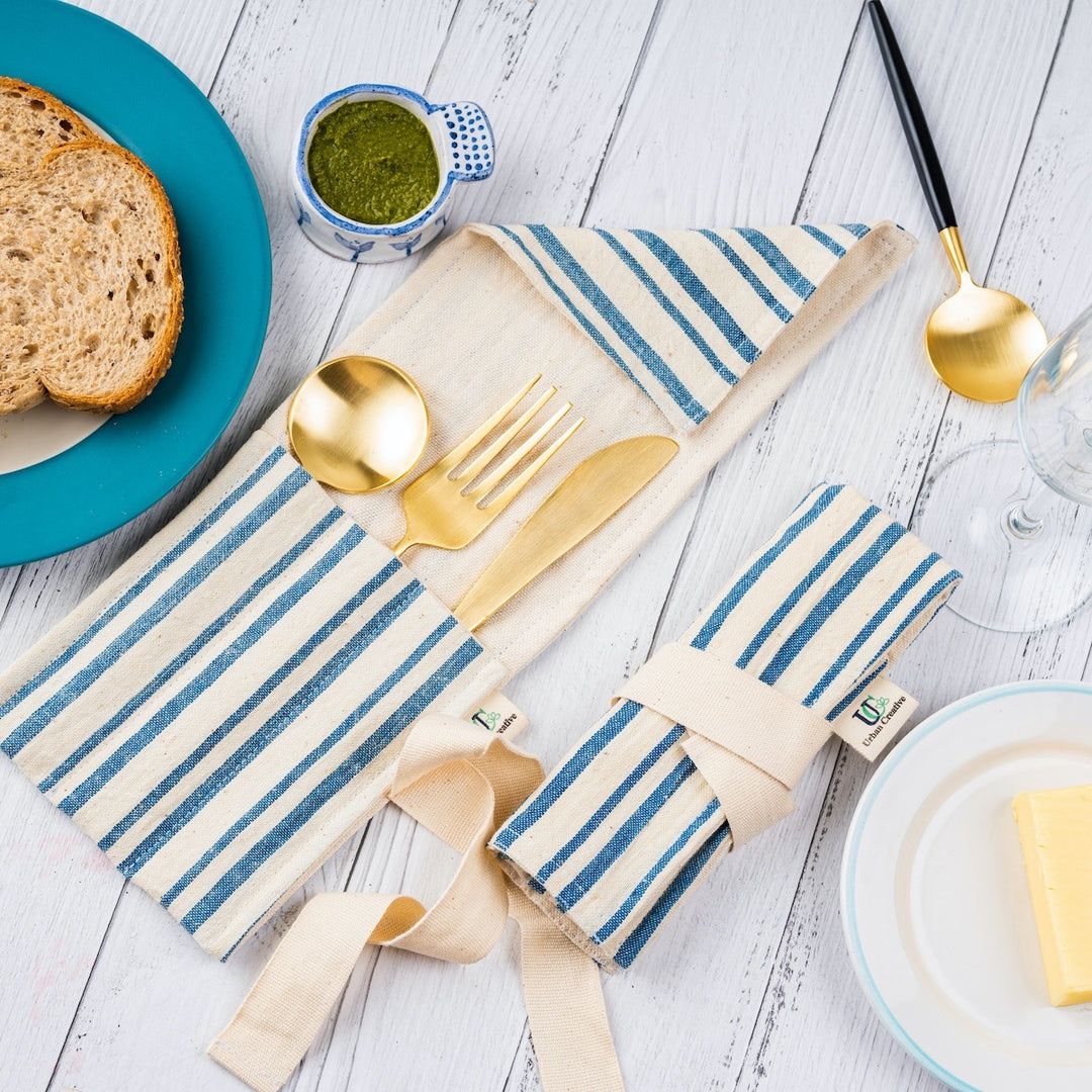 Cutlery/Stationery Wrap | Multi Pockets | Off-White With Blue Stripe | Kala Cotton