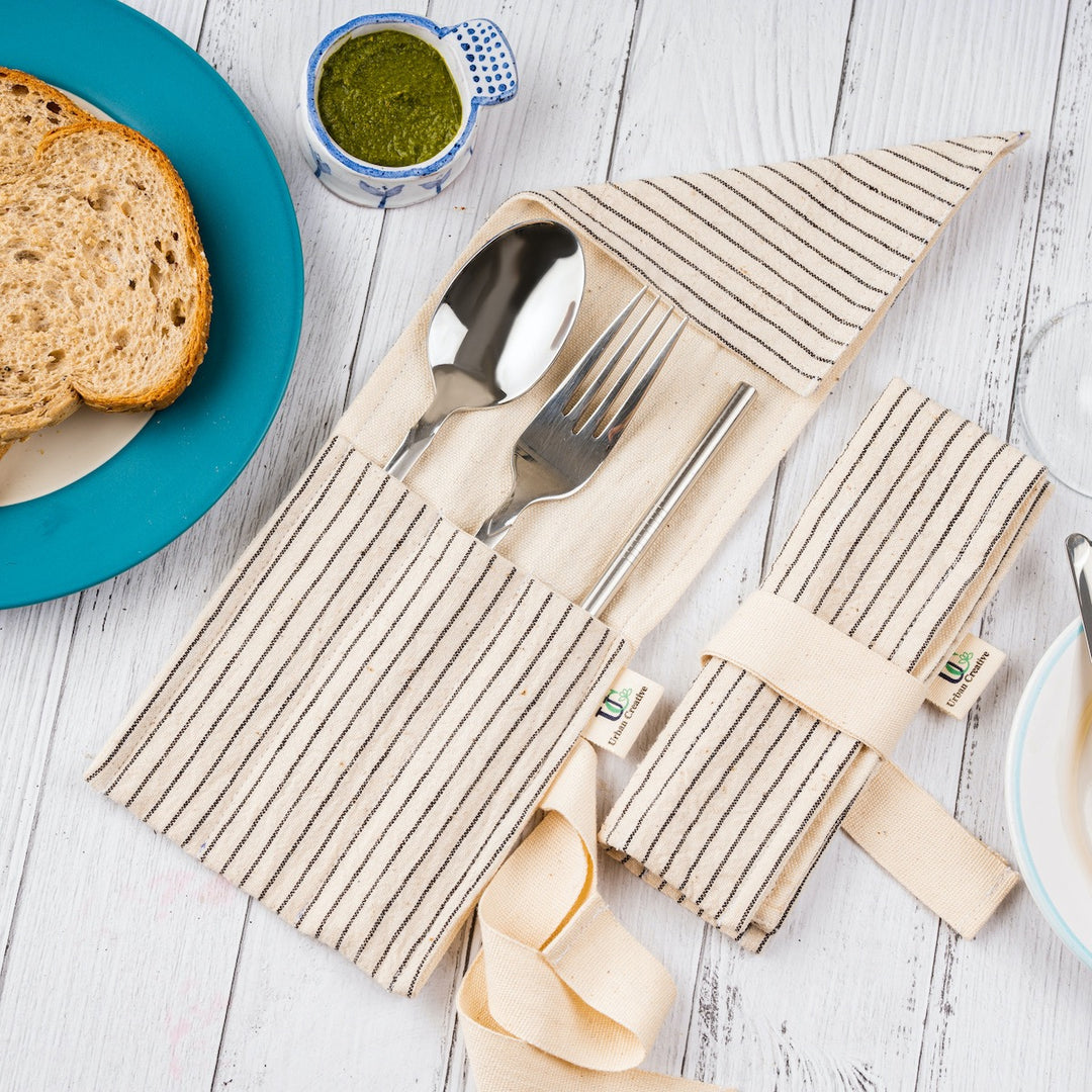 Travel Cutlery Wrap/Pouch | Kala Cotton | Multi Pocketed | Off-White with Black Stripe