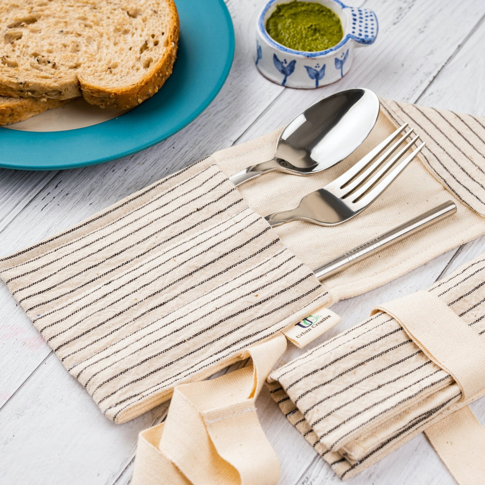 Travel Cutlery Wrap/Pouch | Kala Cotton | Multi Pocketed | Off-White with Black Stripe