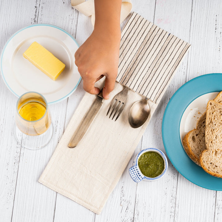 Travel Cutlery Wrap/Pouch | Kala Cotton | Multi Pocketed | Off-White with Black Stripe