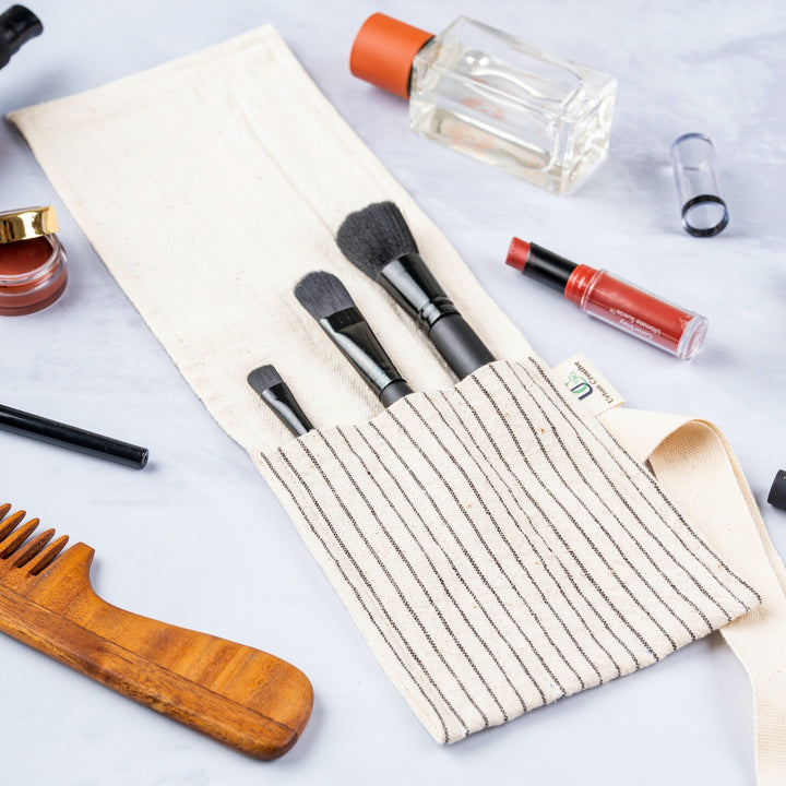 Travel Cutlery Wrap/Pouch | Kala Cotton | Multi Pocketed | Off-White with Black Stripe