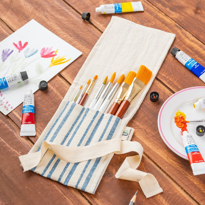 Cutlery/Stationery Wrap | Multi Pockets | Off-White With Blue Stripe | Kala Cotton