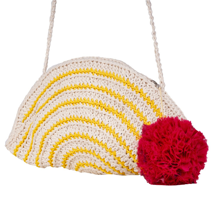 Half Circle Mini Sling Bag | Hand-Crochet | Cotton Yarn | Off White & Mustard