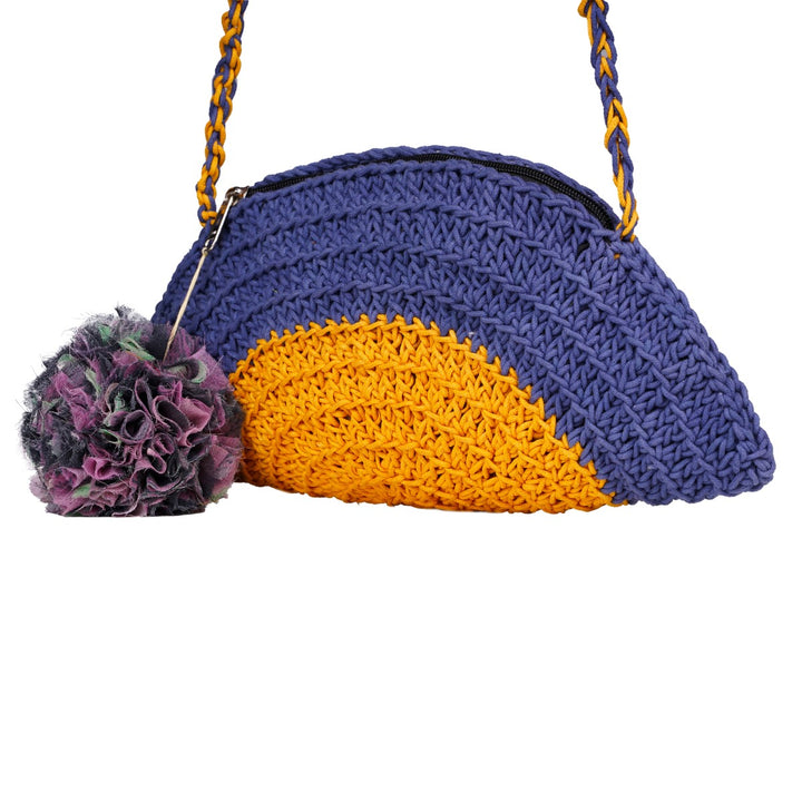 Half Circle Sling Bag | Hand-Crochet | Cotton Yarn | Navy Blue & Mustard Yellow