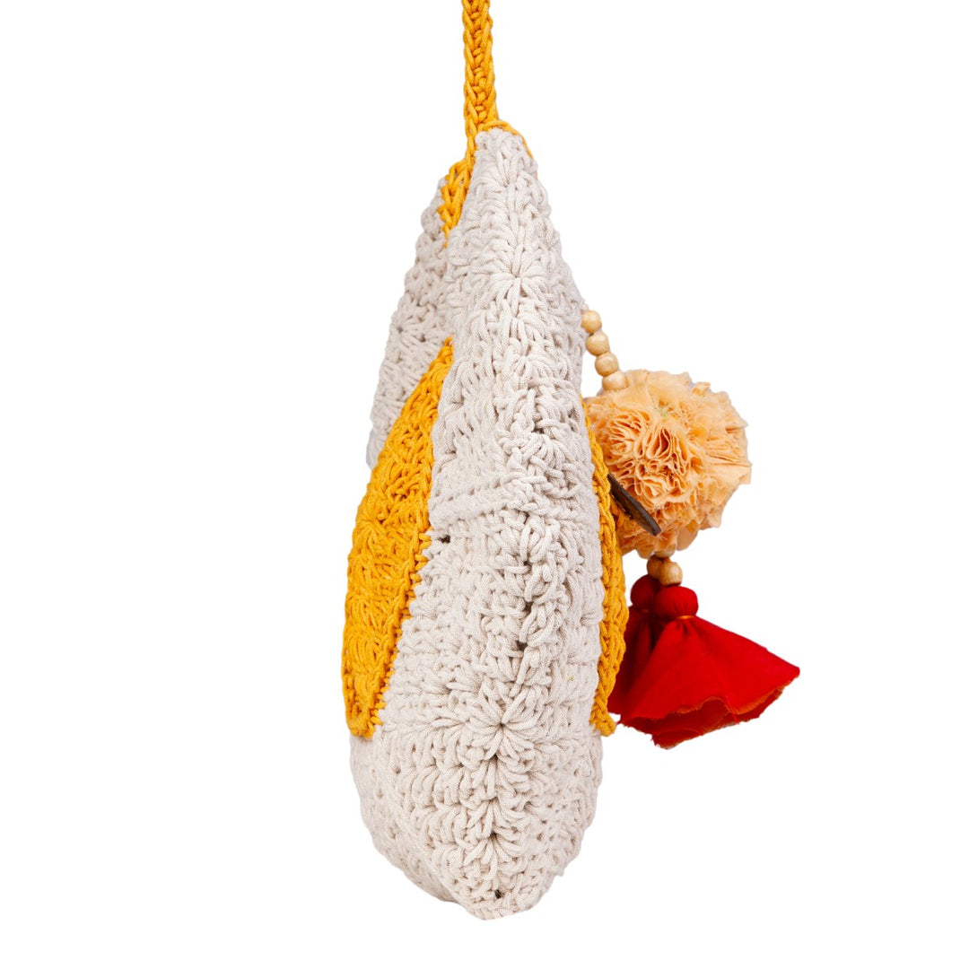 Pentagon Bag  | Hand-Crochet | Cotton Yarn | Mustard & Off White
