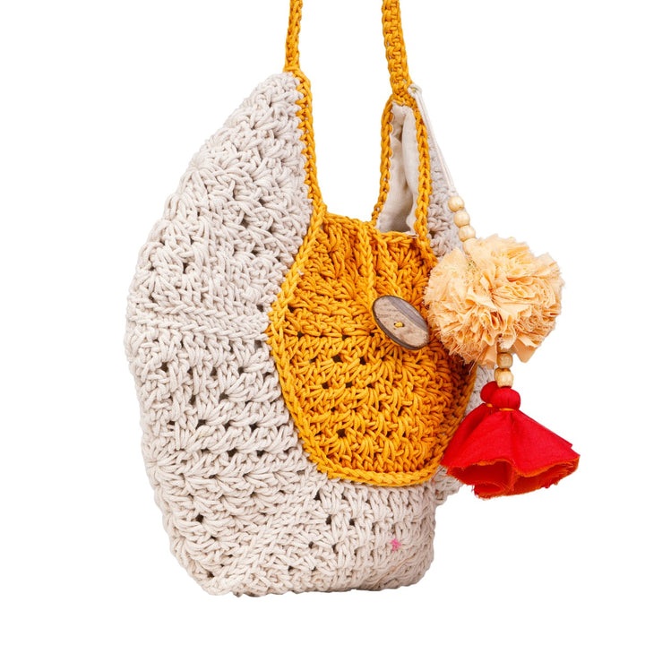Pentagon Bag  | Hand-Crochet | Cotton Yarn | Mustard & Off White