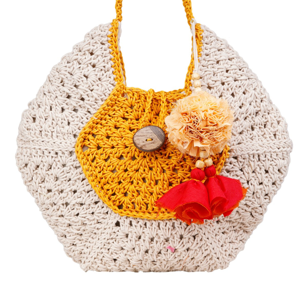 Pentagon Bag  | Hand-Crochet | Cotton Yarn | Mustard & Off White