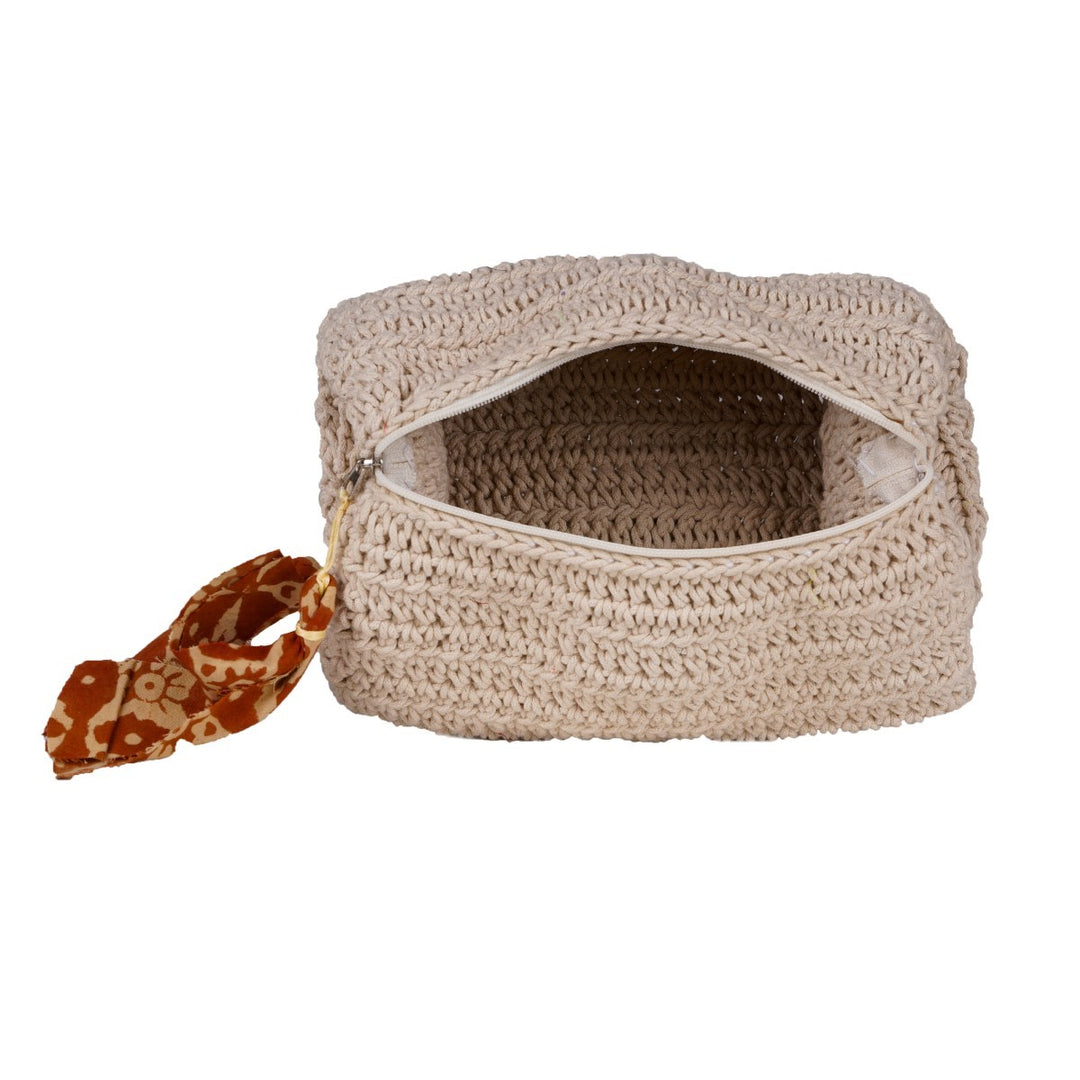 Hand-Crafted Duffel Pouch Bag | Crochet Work | Cotton Yarn | Off White