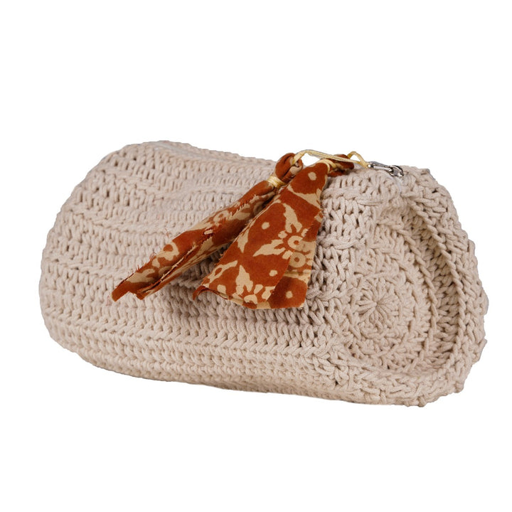 Hand-Crafted Duffel Pouch Bag | Crochet Work | Cotton Yarn | Off White