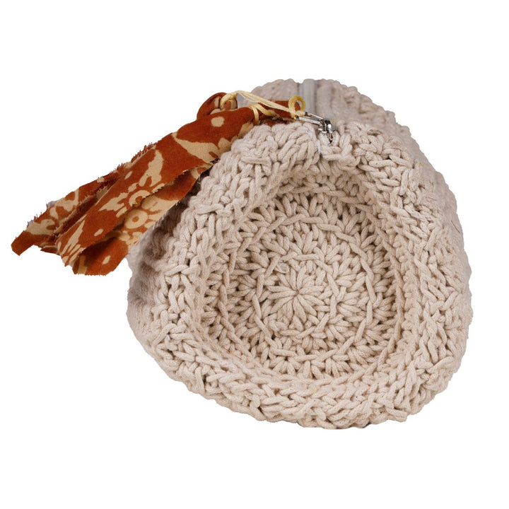 Hand-Crafted Duffel Pouch Bag | Crochet Work | Cotton Yarn | Off White