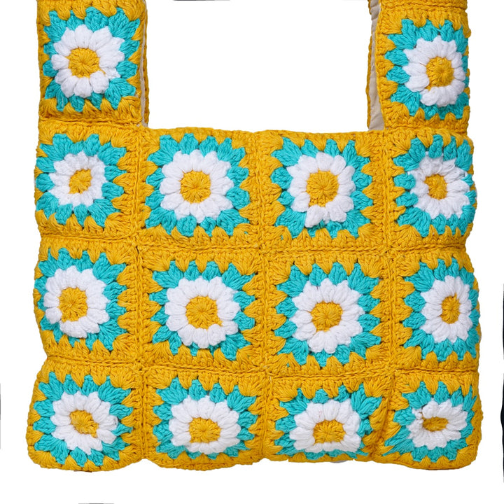 Square Floral Shoppers Tote Bag  | Hand-Crochet | Cotton Yarn | Tuscany Yellow