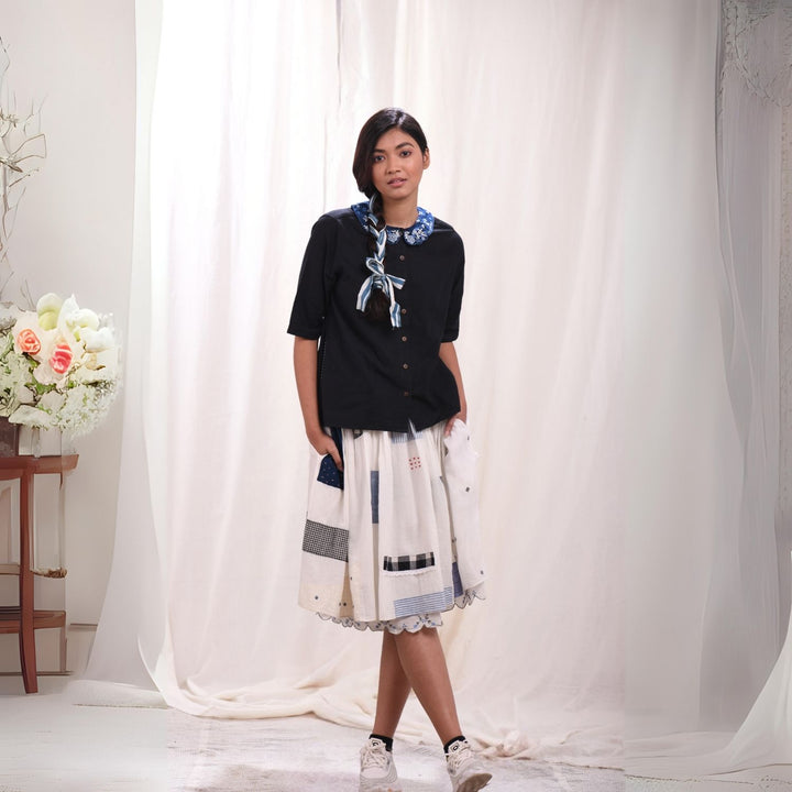 Feminine White Skirt | Beautiful Scallop & Patchwork | Cotton Muslin | Relaxed Fit