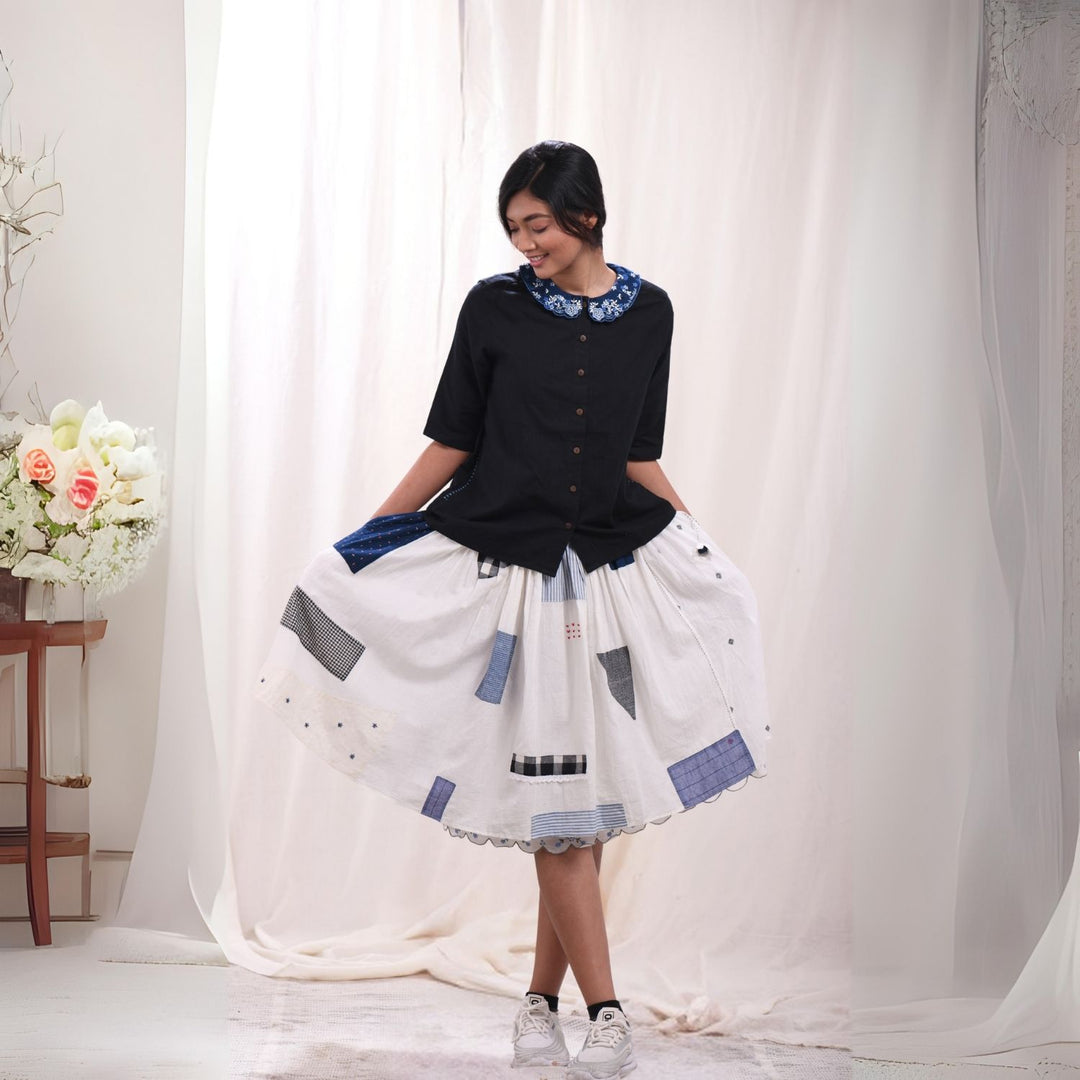 Feminine White Skirt | Beautiful Scallop & Patchwork | Cotton Muslin | Relaxed Fit