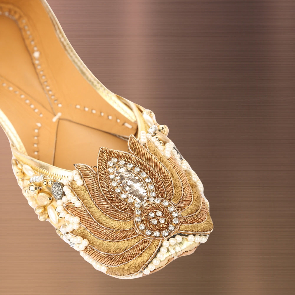 Golden Jutti for Women | Lavishly Adorned | Ethnic Party Wear