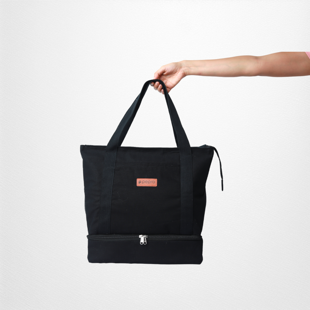 Travel Tote Bag With Shoe Compartment | Cotton | Hand-Crafted | Black