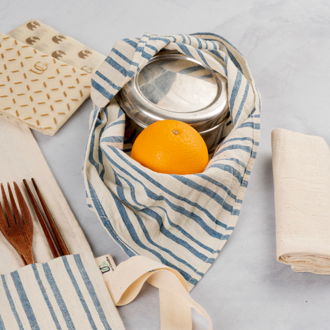 Bento Cotton Bags | Food Storage | Travel Organiser | Off-White with Blue Stripes | Set of 2