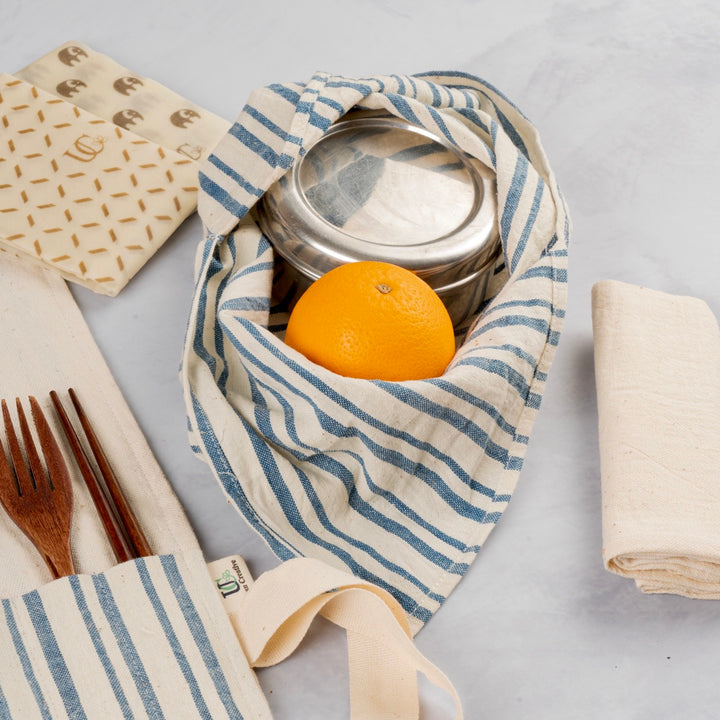Bento Cotton Bags | Food Storage | Travel Organiser | Off-White with Blue Stripes | Set of 2