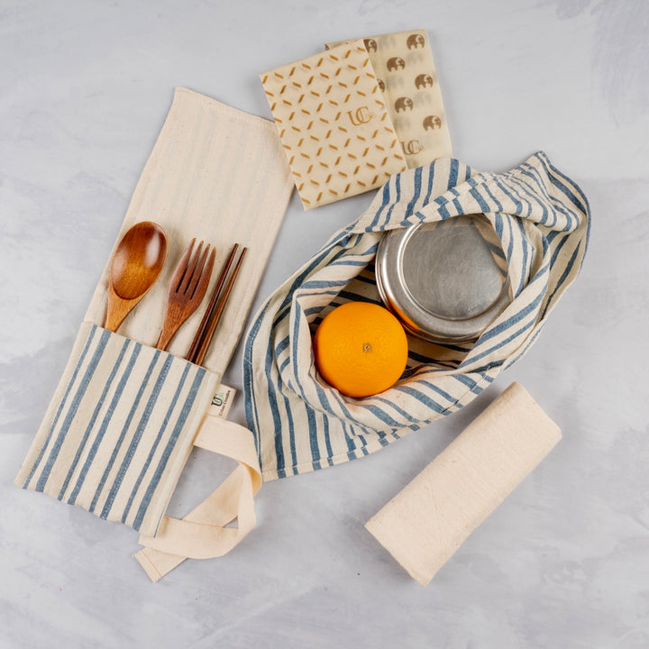 Travel Kit of 4 | Food Storage and Cutlery Cover | Off-White & Blue