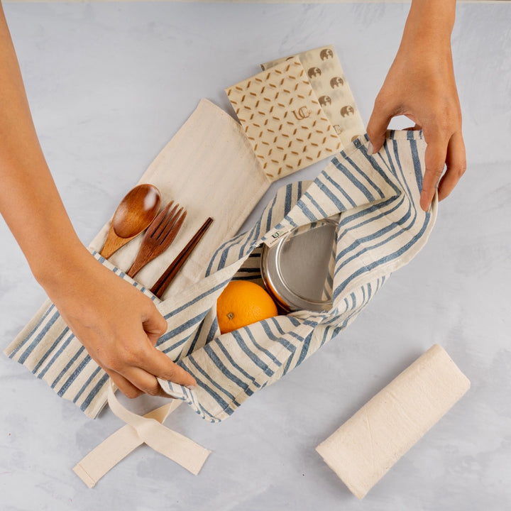 Bento Cotton Bags | Food Storage | Travel Organiser | Off-White with Blue Stripes | Set of 2