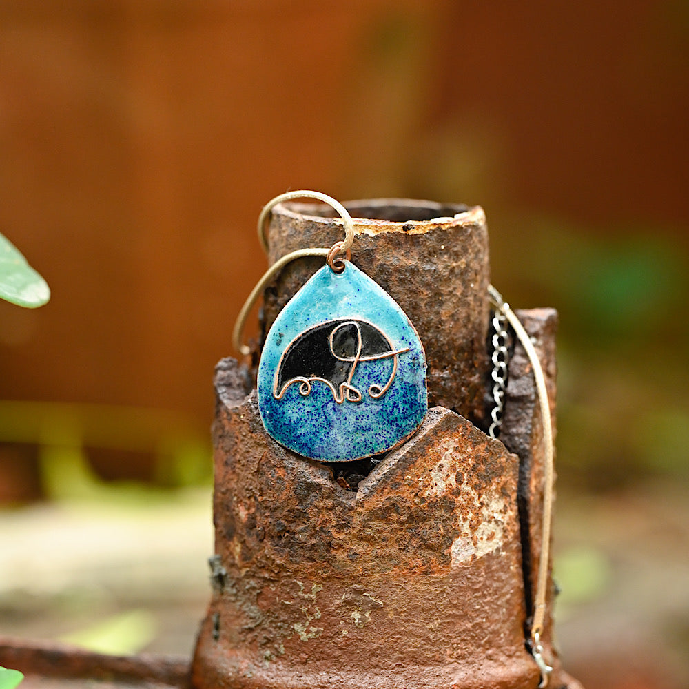 Blue Elephant Copper Enamel Pendant With Cotton String | Hand-crafted