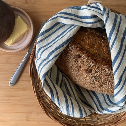 Bento Cotton Bags | Food Storage | Travel Organiser | Off-White with Blue Stripes | Set of 2