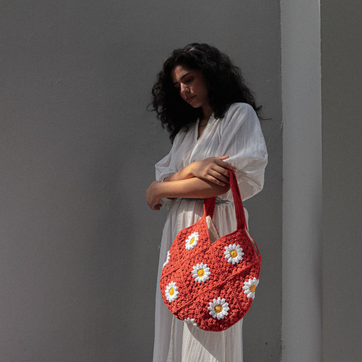 Hand-Crafted Daisy Tote Bag | Hand-Crochet | Cotton Yarn | Red