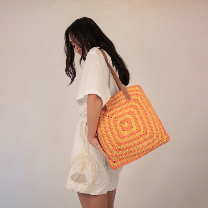 Hand-Crafted Geometric Tote Bag | Hand-Crochet | Cotton Yarn | Dusty Orange