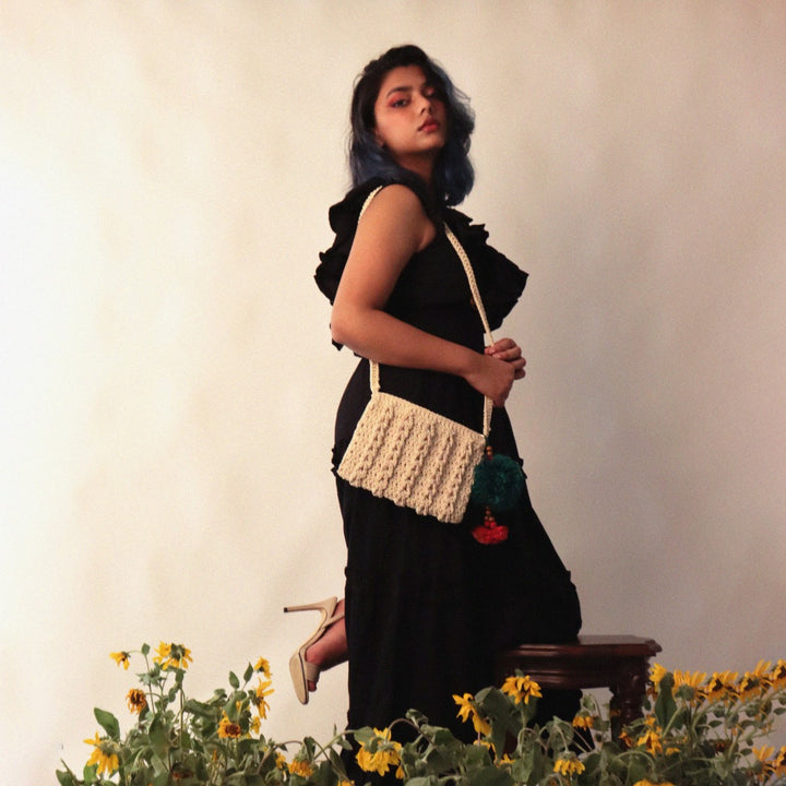 Hand-Crafted Carry-All Mini Sling Bag | Hand-Crochet | Cotton Yarn | Off White