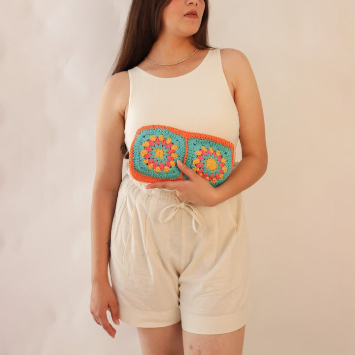 Crochet Pouch Bag | Hand-Crochet | Cotton | Rust & Turquoise