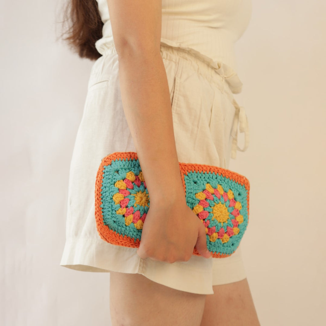 Crochet Pouch Bag | Hand-Crochet | Cotton | Rust & Turquoise