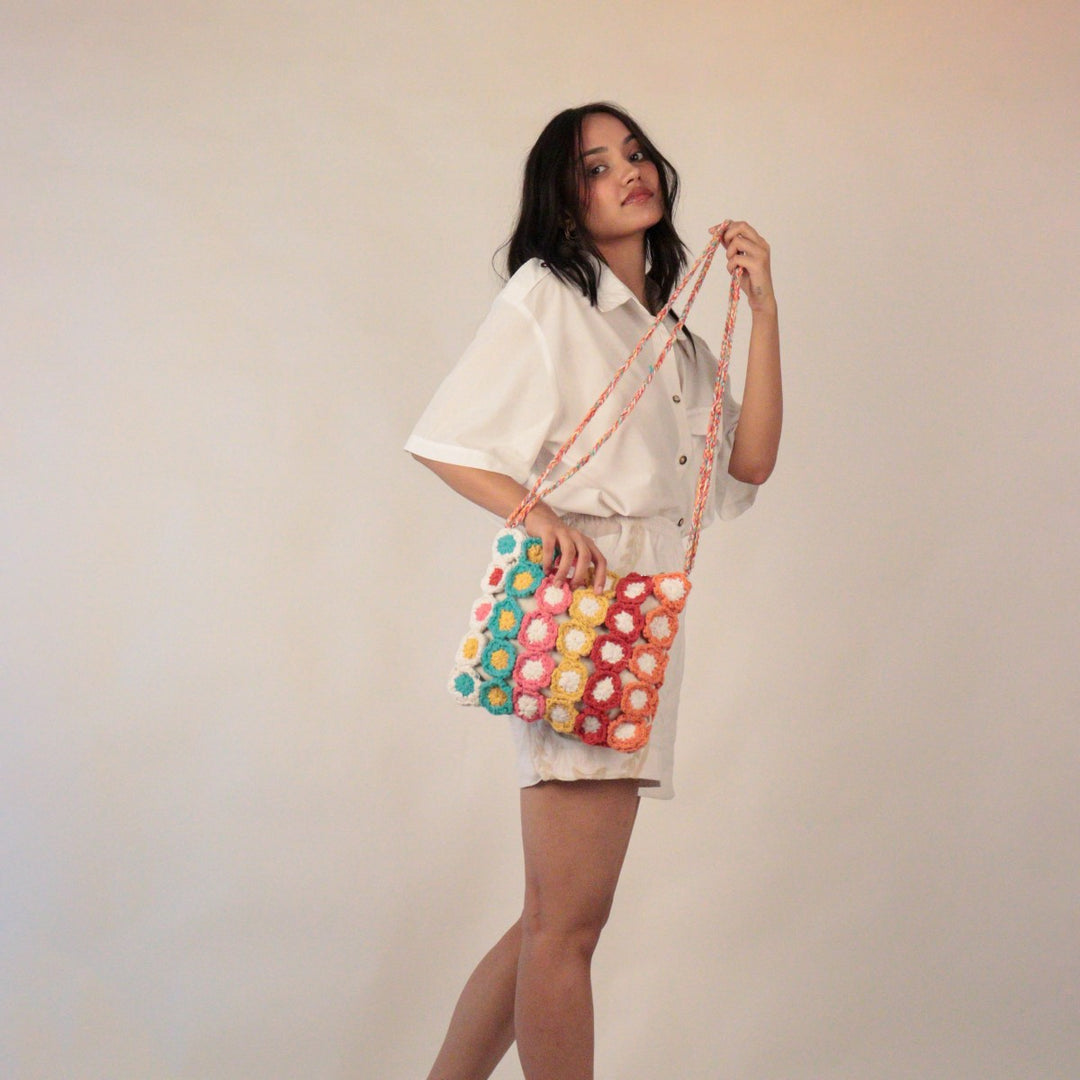 Floral Mini Sling Bag | Hand-Crochet | Cotton Yarn | Multi-Colour