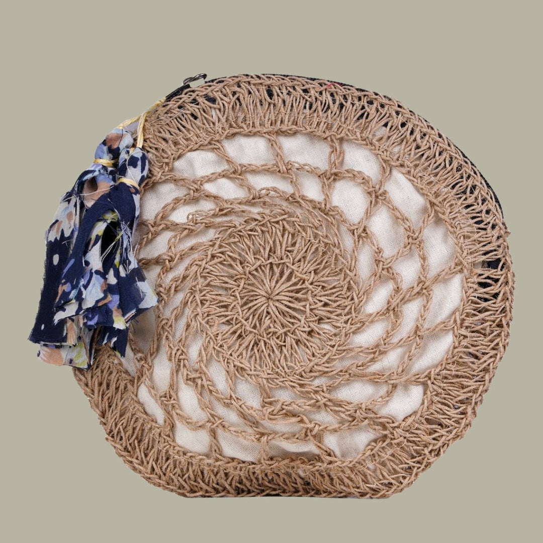 Hand-Crafted Jaali Round Pouch | Hand-Crochet with Jute Yarn | Brown