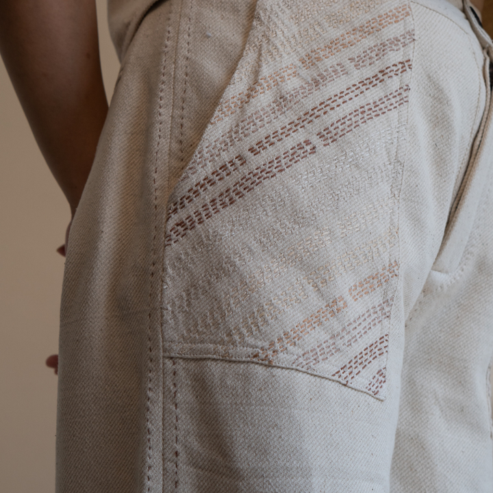 Ivory Denim Pants | Adorned with Kantha | Sophisticated Simplicity