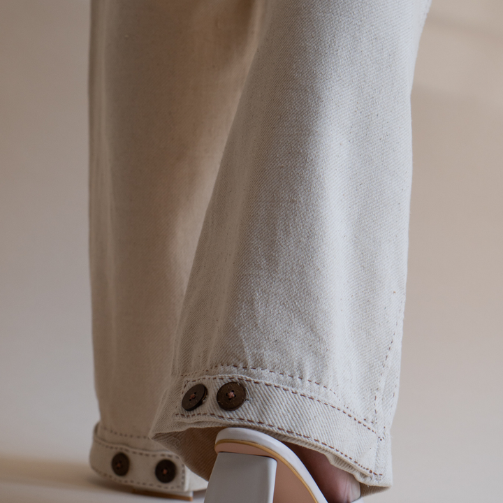 Ivory Denim Pants | Adorned with Kantha | Sophisticated Simplicity