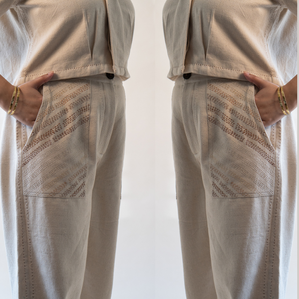 Ivory Denim Pants | Adorned with Kantha | Sophisticated Simplicity