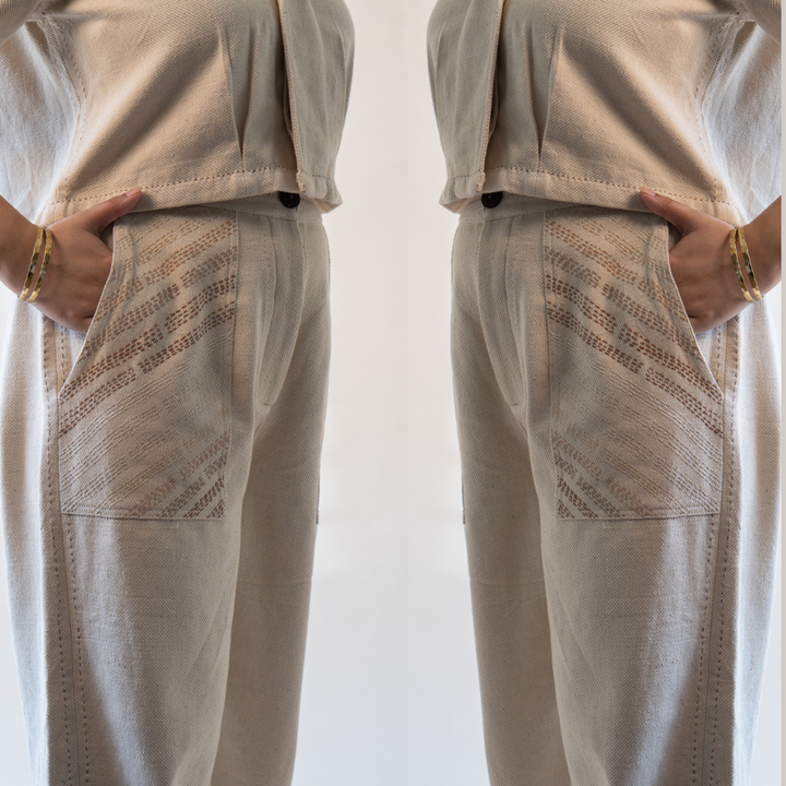 Ivory Denim Pants | Adorned with Kantha | Sophisticated Simplicity