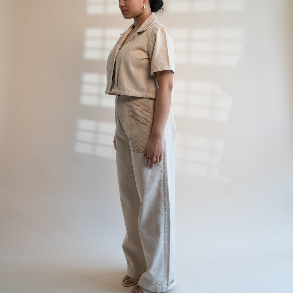Ivory Denim Pants | Adorned with Kantha | Sophisticated Simplicity