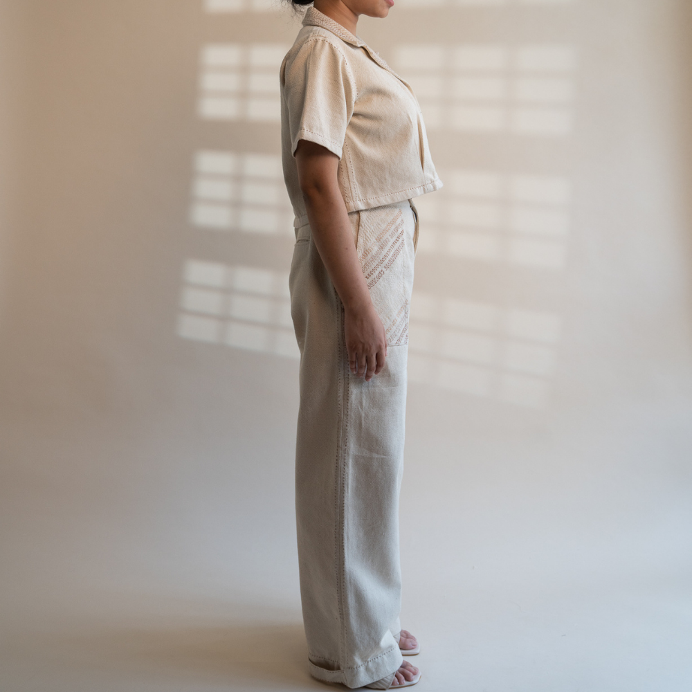 Ivory Denim Pants | Adorned with Kantha | Sophisticated Simplicity