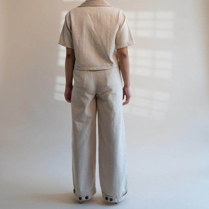 Ivory Denim Pants | Adorned with Kantha | Sophisticated Simplicity