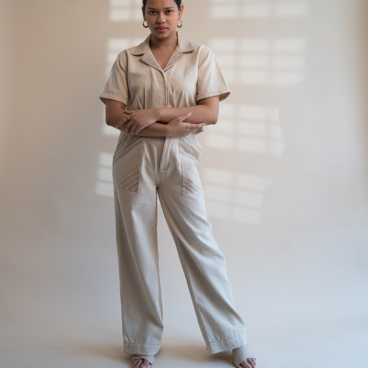 Ivory Denim Pants | Adorned with Kantha | Sophisticated Simplicity